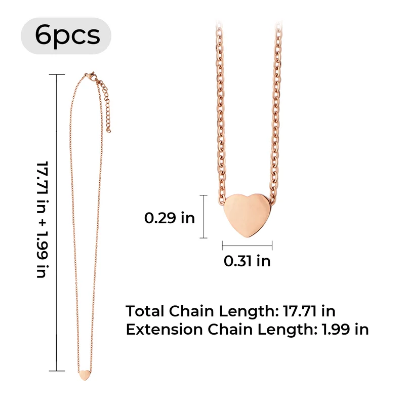 Collier en acier inoxydable rose doré en forme de cœur (6 pièces)