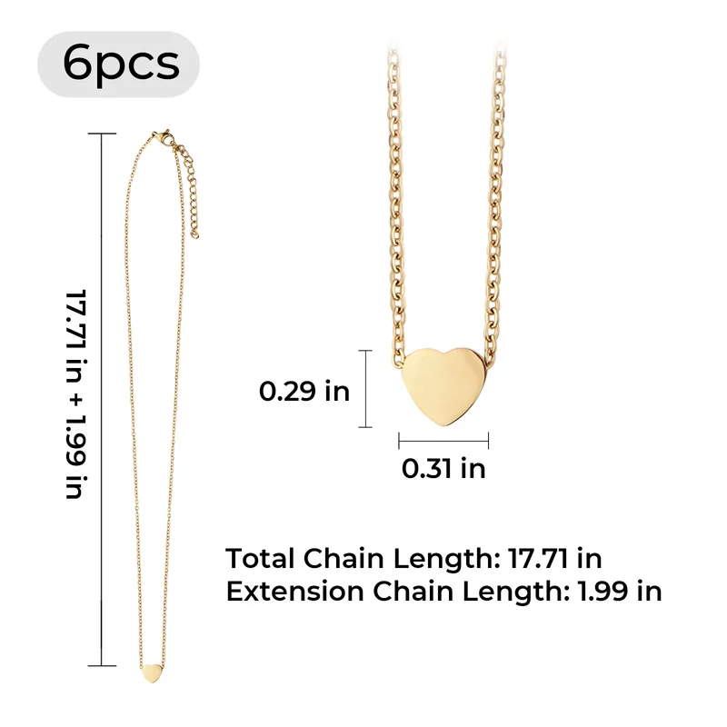 Collier en acier inoxydable doré en forme de cœur (6 pièces)