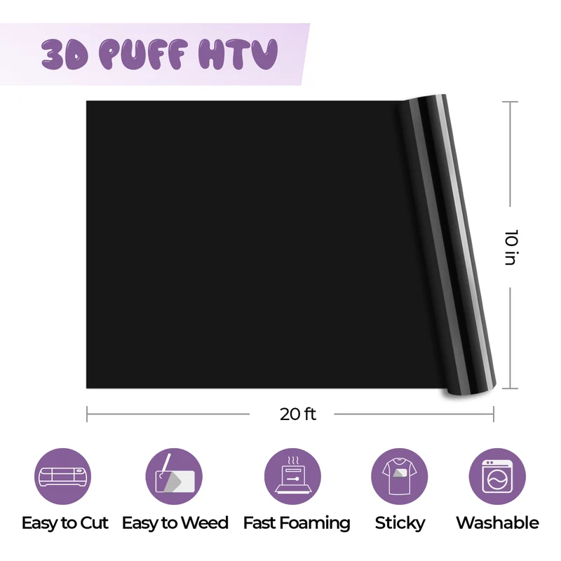 Rouleau de vinyle thermocollant noir effet 3D Puff 25.4cm x 3.66m