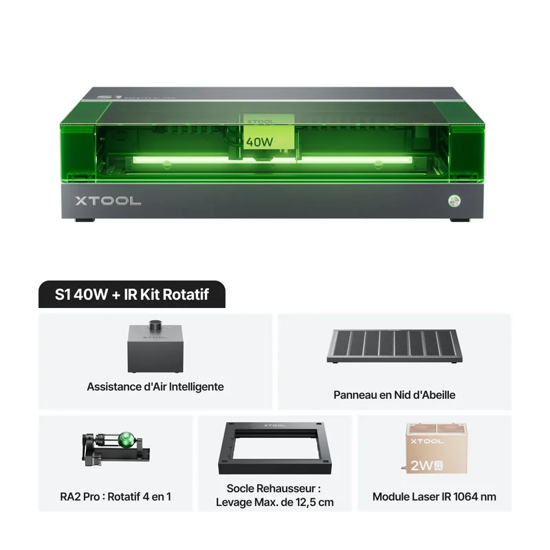 xTool S1 40W Kit Laser + IR 1064 nm: Graveur et découpeur laser à diode fermé