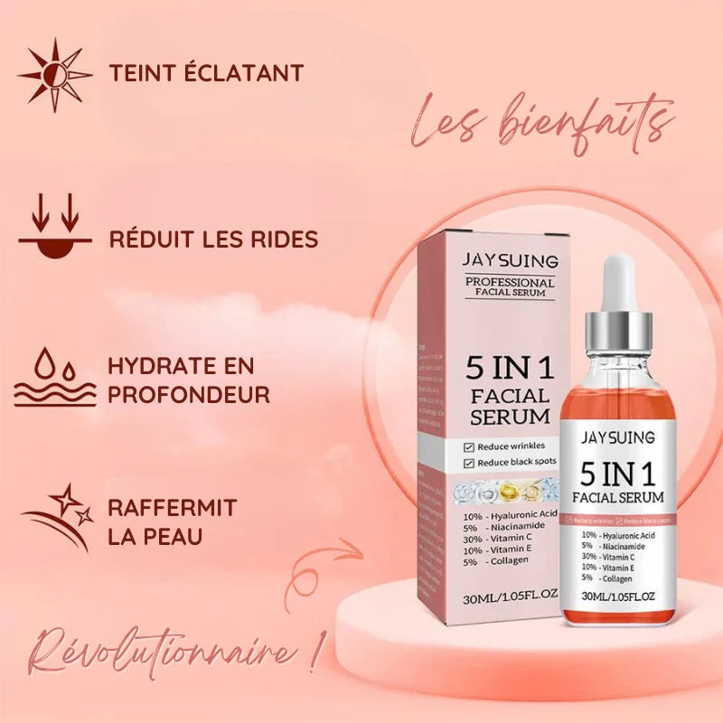 Sérum Visage 5 en 1 : Hyaluronique, Nicotinamide, Vitamine C et E & Collagène