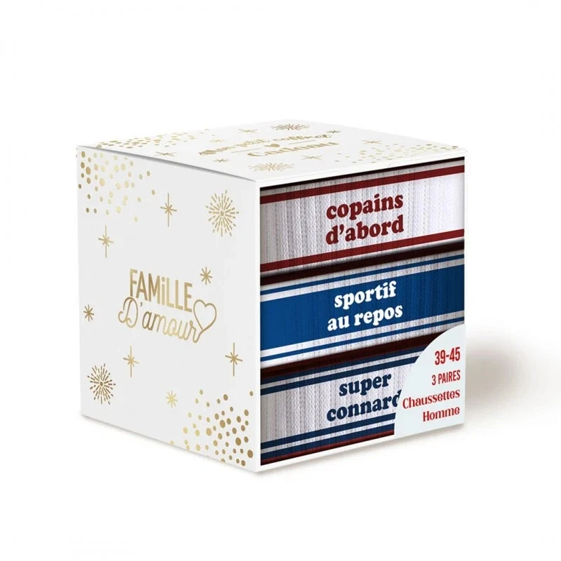 Coffret Trio Chaussettes Homme Fantaisie – Copains d’Abord / Sportif au Repos / Super Connard (39/45)