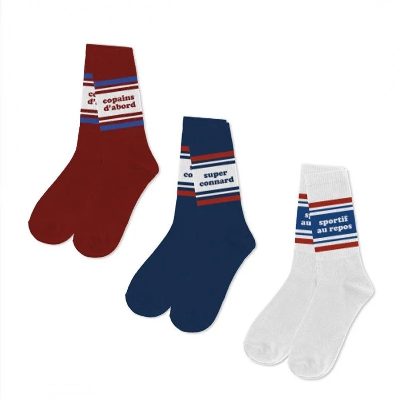 Coffret Trio Chaussettes Homme Fantaisie – Copains d’Abord / Sportif au Repos / Super Connard (39/45)