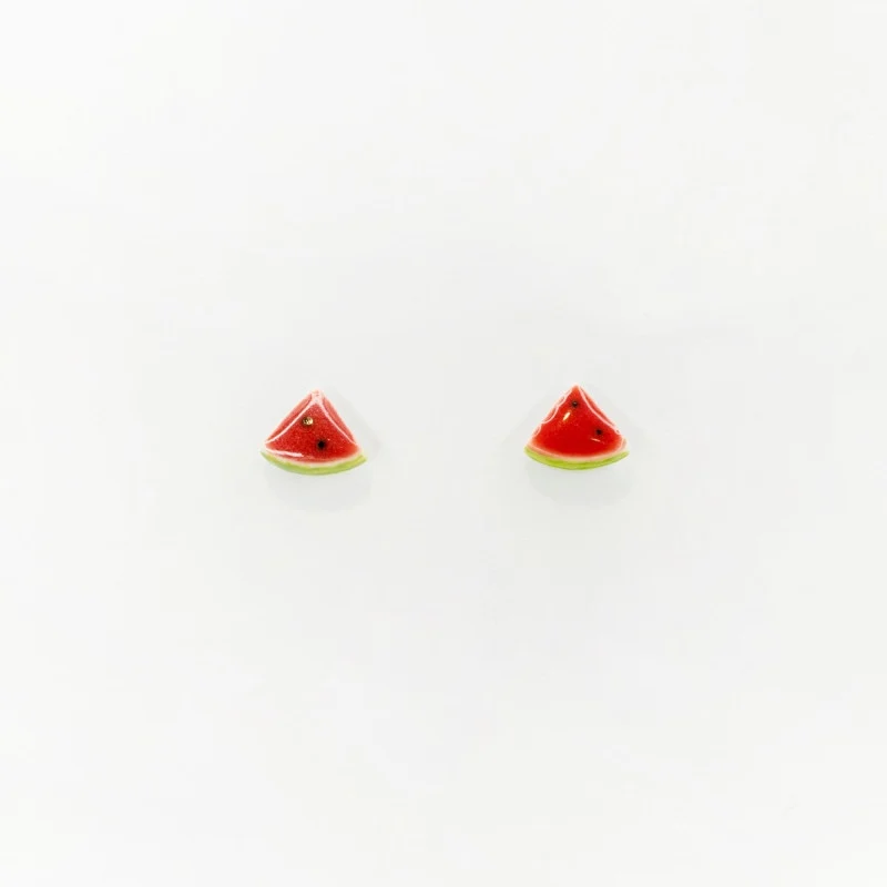 Boucles d’oreilles Pastèque en porcelaine peinte à la main – Puces acier inoxydable