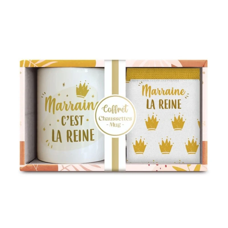Coffret Mug & Chaussettes – Marraine La Reine | Cadeau Marraine
