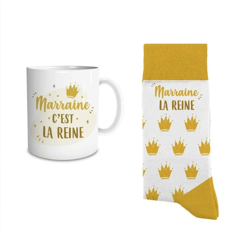 Coffret Mug & Chaussettes – Marraine La Reine | Cadeau Marraine
