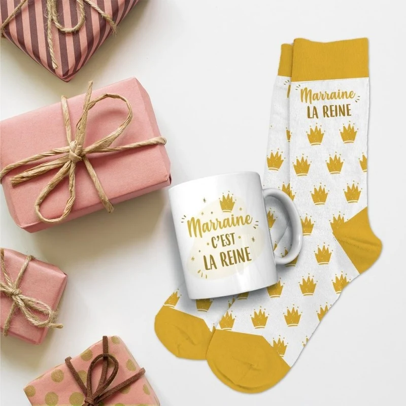 Coffret Mug & Chaussettes – Marraine La Reine | Cadeau Marraine