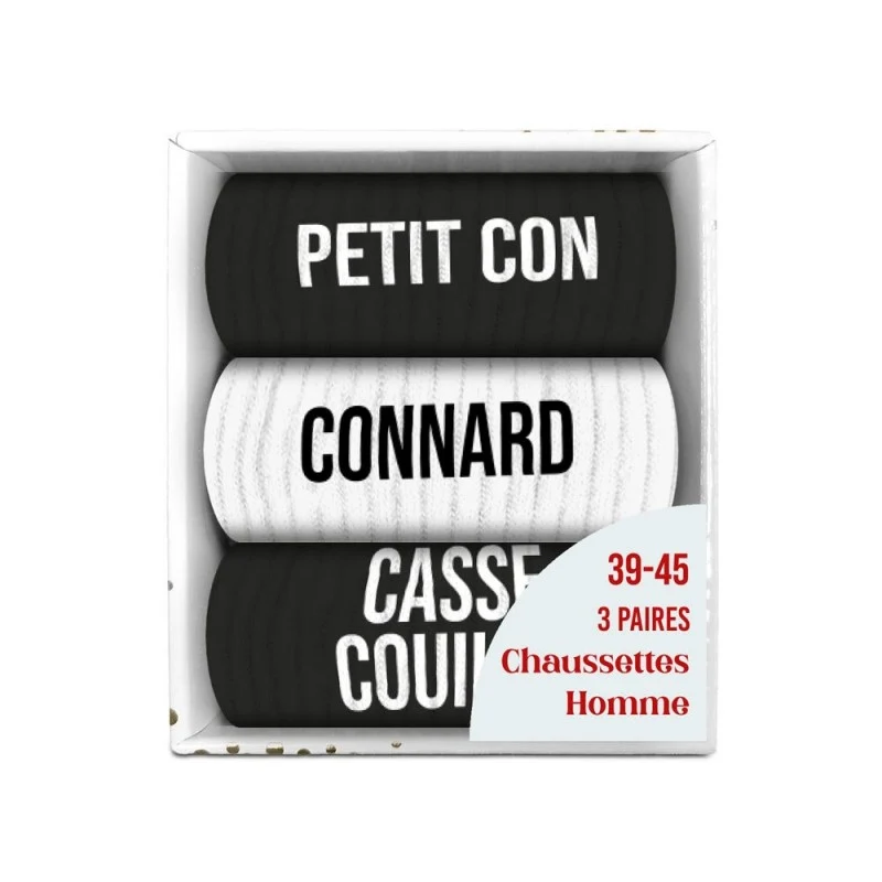 Coffret Trio Chaussettes Homme Fantaisie – Petit Con / Connard / Casse-Couille (39/45)