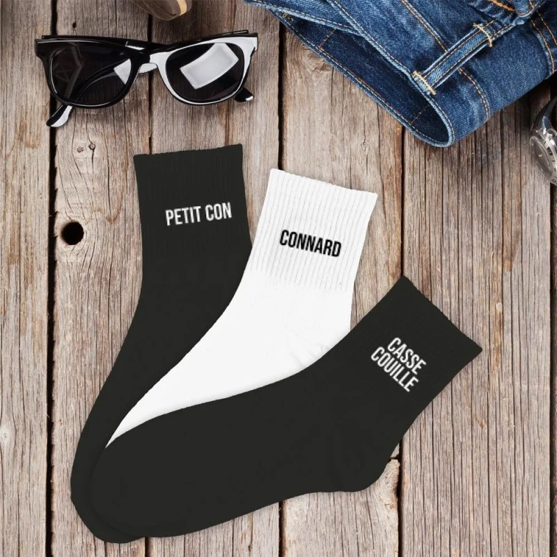 Coffret Trio Chaussettes Homme Fantaisie – Petit Con / Connard / Casse-Couille (39/45)