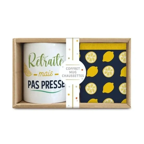 Coffret Cadeau Mug et Chaussettes – Retraité mais pas pressé | Idée Cadeau Retraite