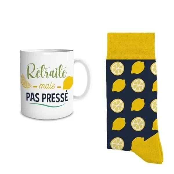 Coffret Cadeau Mug et Chaussettes – Retraité mais pas pressé | Idée Cadeau Retraite