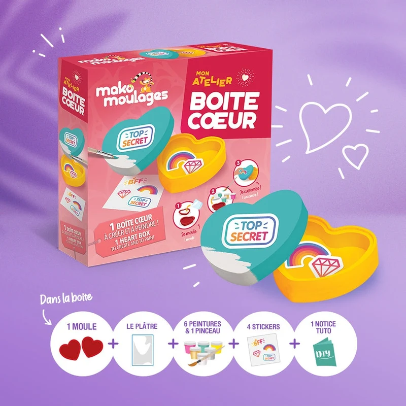 Atelier créatif Boîte Cœur | Kit DIY mako moulages – Boîte à bijoux à fabriquer