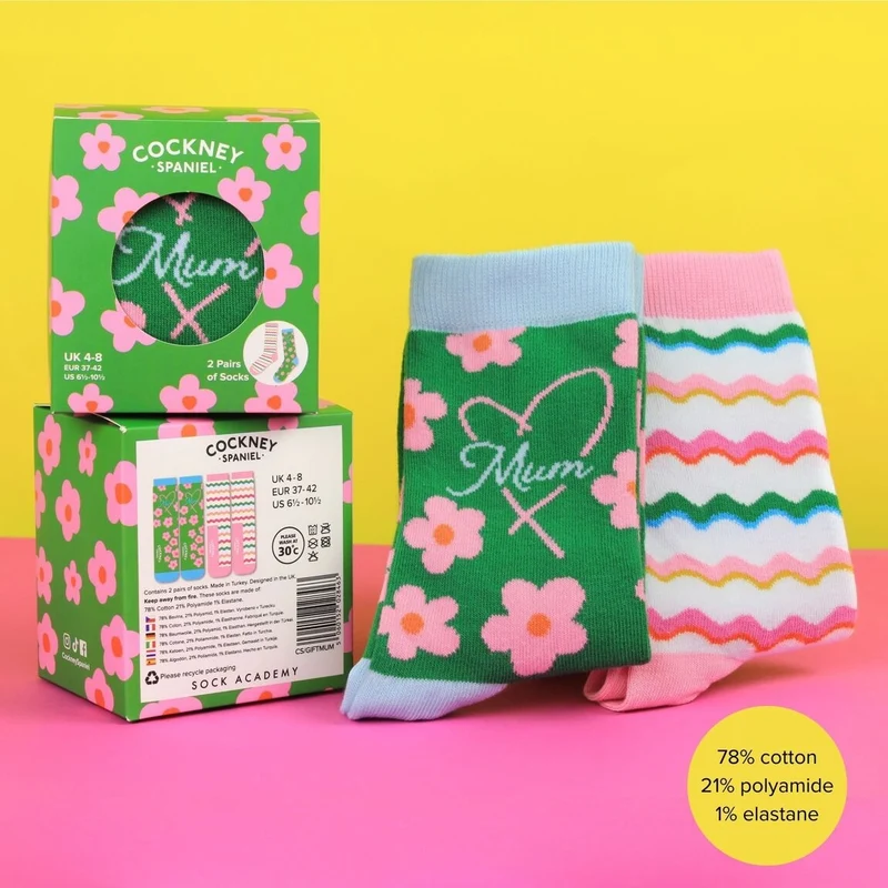 MAMAN – Coffret 2 Paires de Chaussettes Assorties | Best Mum Ever | Cockney Spaniel | Taille 37-42