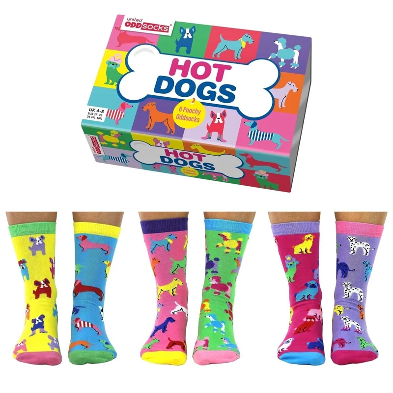 Coffret cadeau chaussettes chien Hot-Dogs. 6 chaussettes impaires dépareillées United Oddsocks. Taille femme 37-42, idée cadeau fun et originale.