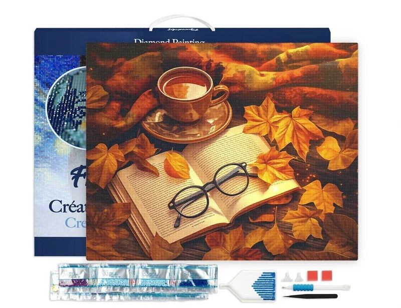 Broderie Diamant 40x50 cm – Thé et Livre en Automne | Kit Diamond Painting Complet sur Châssis