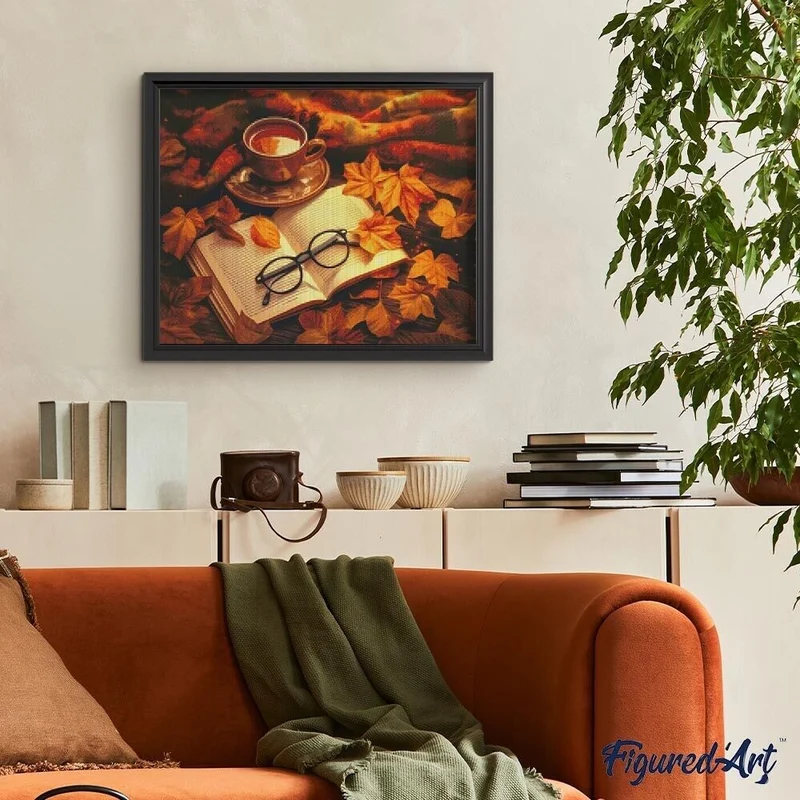 Broderie Diamant 40x50 cm – Thé et Livre en Automne | Kit Diamond Painting Complet sur Châssis