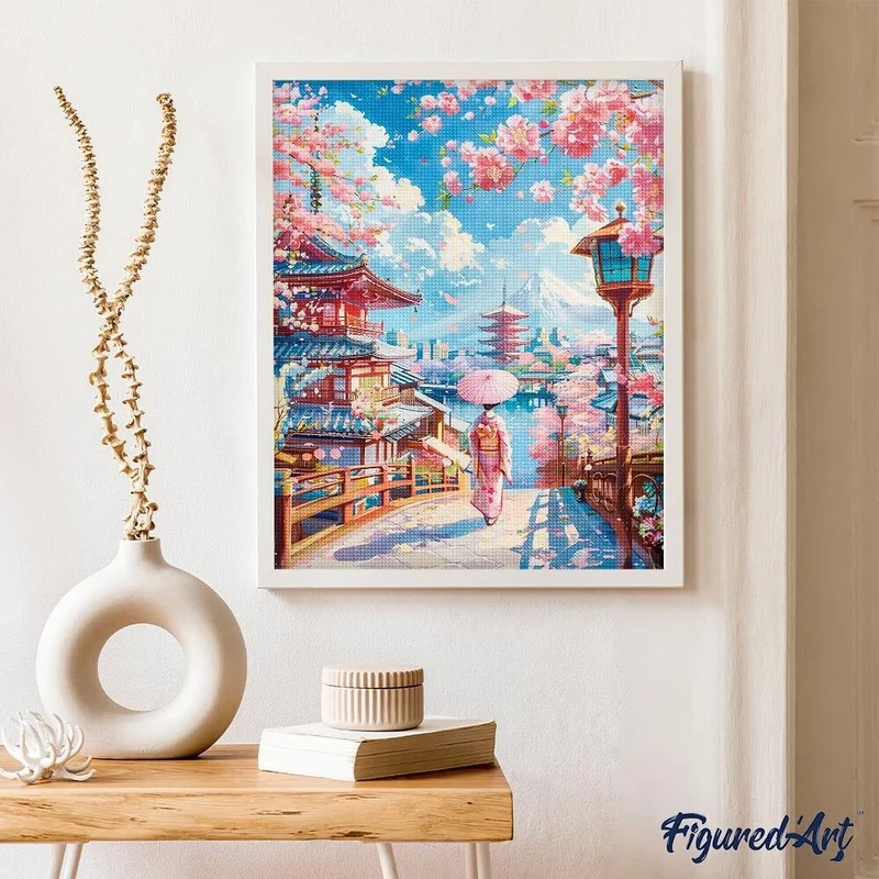 Broderie Diamant 40x50cm – Route des Cerisiers en Fleurs vers la Pagode | Kit Diamond Painting complet sur châssis