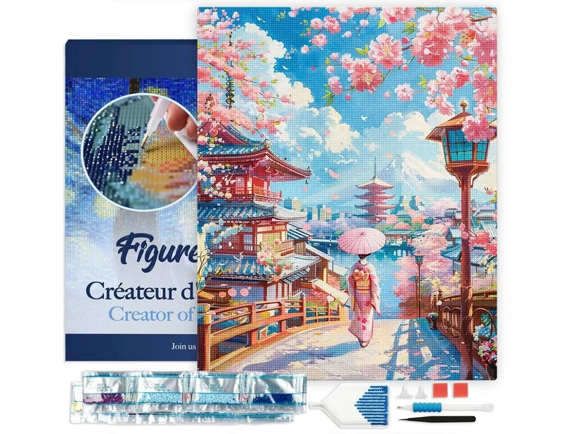 Broderie Diamant 40x50cm – Route des Cerisiers en Fleurs vers la Pagode | Kit Diamond Painting complet sur châssis