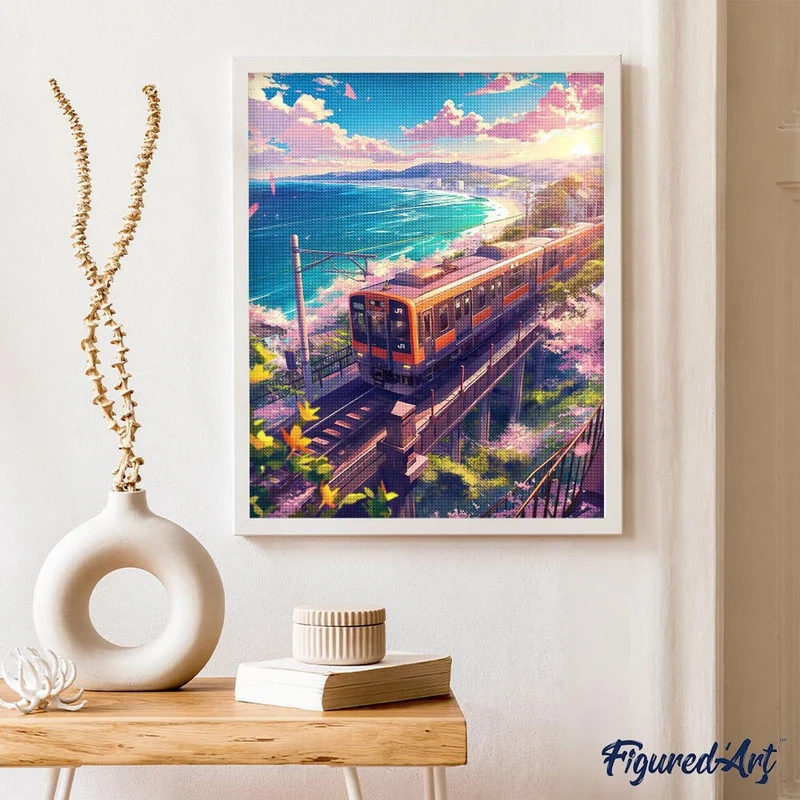 Broderie Diamant 5D – Chemin de Fer des Cerisiers en Fleurs au Bord de l’Océan – Toile 40x50cm avec Châssis Bois