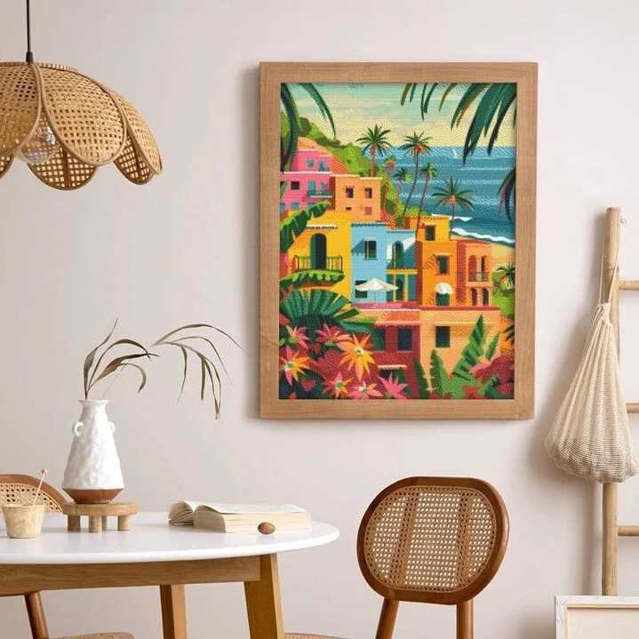 Broderie Diamant – Ville côtière marocaine 40x50cm sur châssis