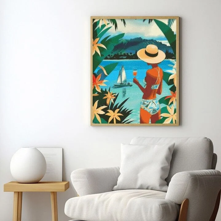 Broderie Diamant – Femme et Océan | Toile 40x50 cm tendue sur châssis bois