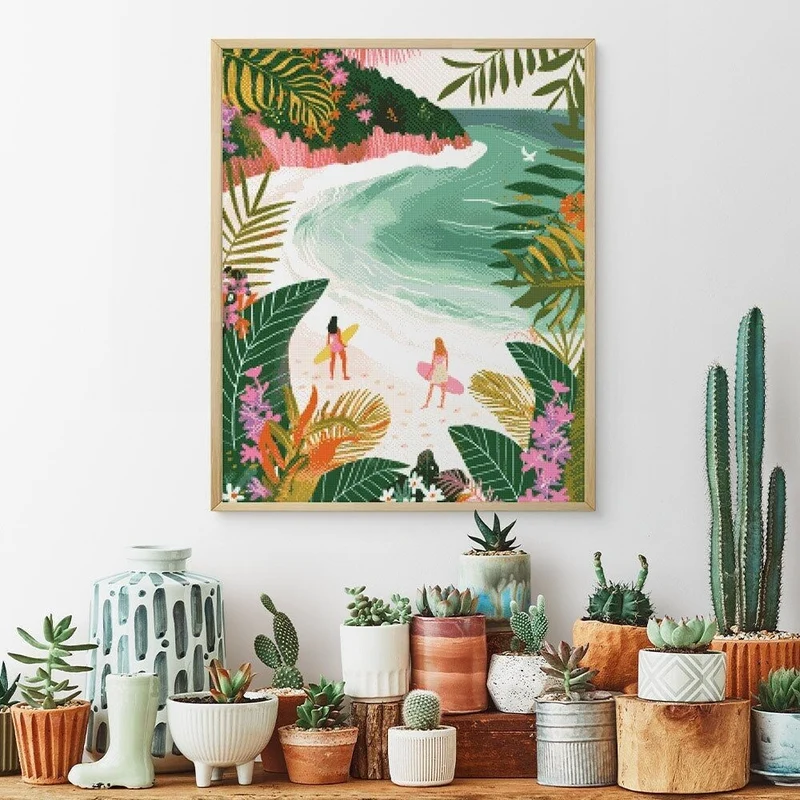 Broderie Diamant – Baie tropicale 40x50 cm | Toile tendue sur châssis bois – Kit complet