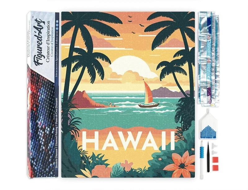 Broderie Diamant Hawaii 40x50 cm – Kit Complet Affiche Tropicale