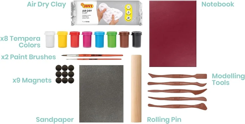 Jovi - DIY Air Dry Magnets | Kit créatif pour fabriquer 9 aimants en argile autodurcissante + peintures & outils