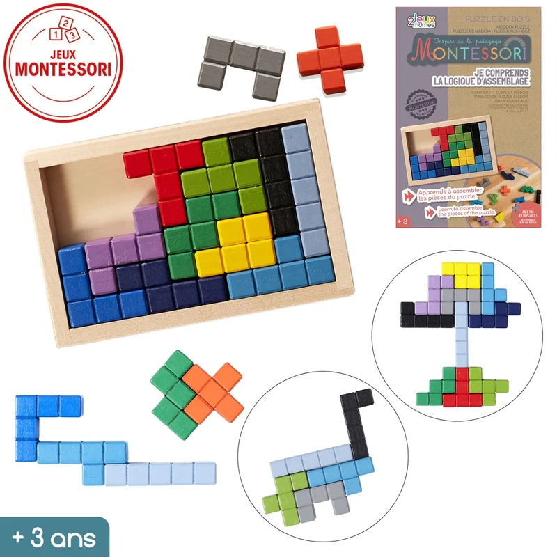 Puzzle Tetris en Bois Montessori — Jeu Logique d'Assemblage Enfant 3 ans