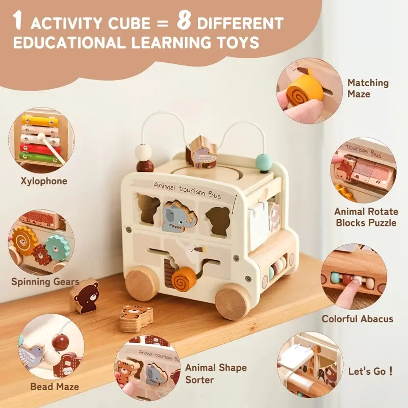 Bus Montessori en Bois Multi-Activités – Jouet Sensoriel & Puzzle Éducatif