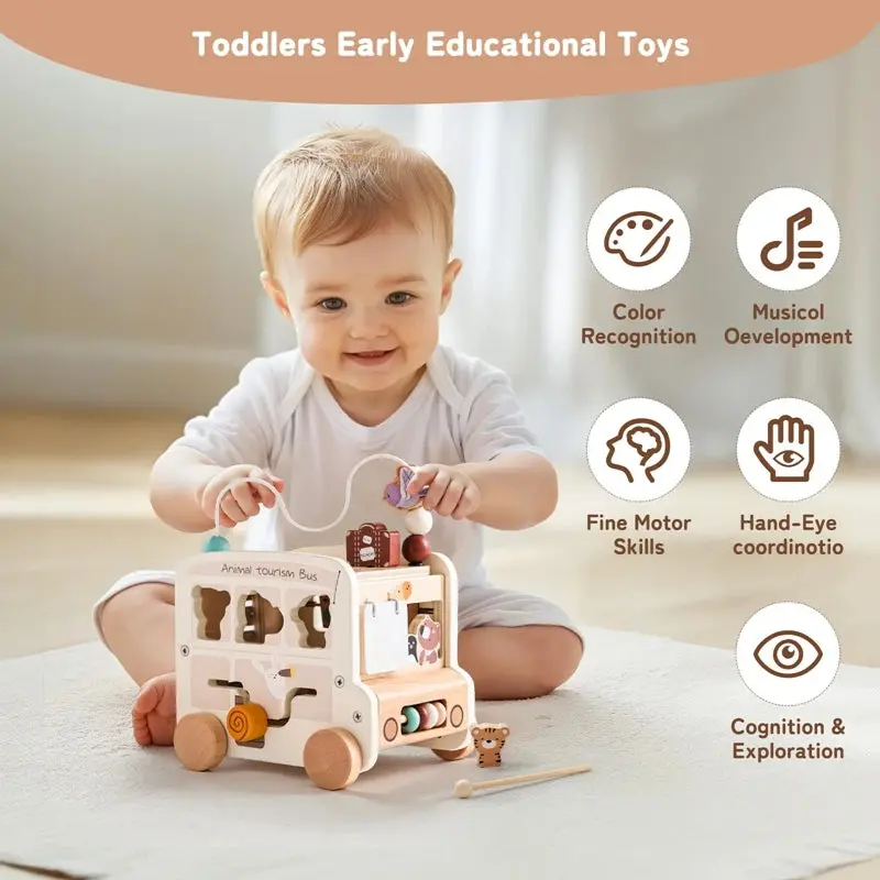 Bus Montessori en Bois Multi-Activités – Jouet Sensoriel & Puzzle Éducatif