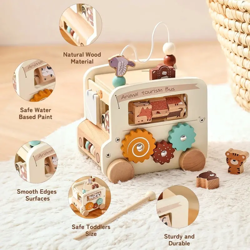 Bus Montessori en Bois Multi-Activités – Jouet Sensoriel & Puzzle Éducatif