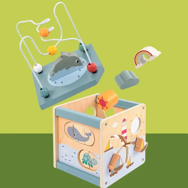 Cube d'Activité en Bois Montessori 5 en 1 - Jouet d'Apprentissage pour Tout-Petits