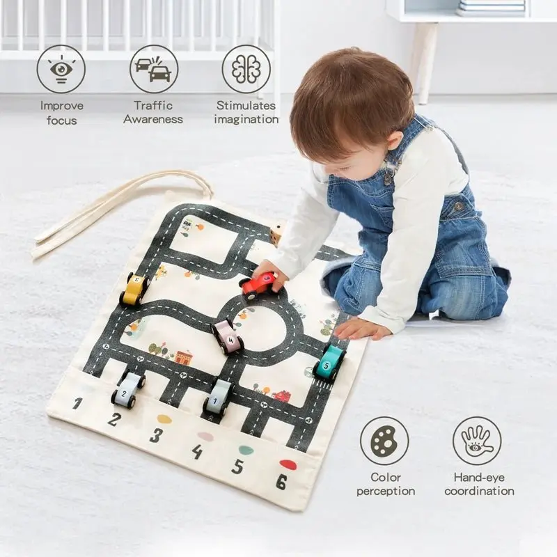 Tapis de jeu de route avec voitures en bois
