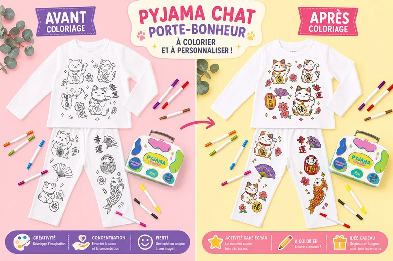 Pyjama à colorier Chat Porte-Bonheur – Mixte | Coffret créatif JOY! avec feutres lavables