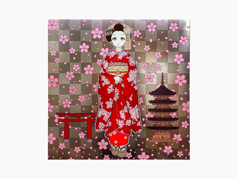 Takashi Murakami - Maiko de Kyoto, fleurs de cerisier sur fond rouge