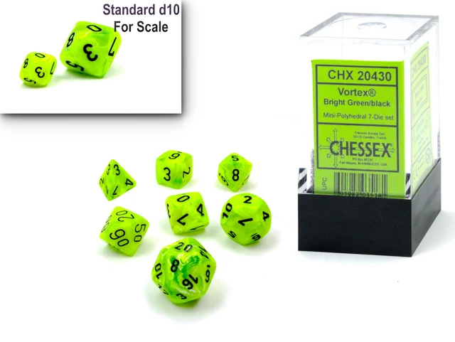 MINI VORTEX, JEU DE 7 DÉS VERT VIF ET NOIR